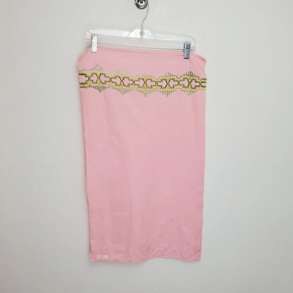 Vintage Cannon pink tea towel, green embroidery